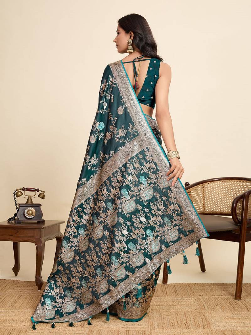 green embroidery with zari work sartin saree with blouse