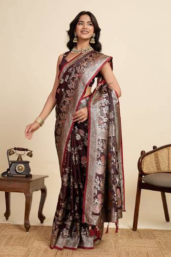 maroon embroidery with zari work sartin saree with blouse