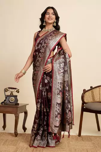 maroon embroidery with zari work sartin saree with blouse