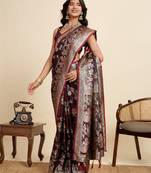maroon embroidery with zari work sartin saree with blouse