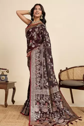 maroon embroidery with zari work sartin saree with blouse