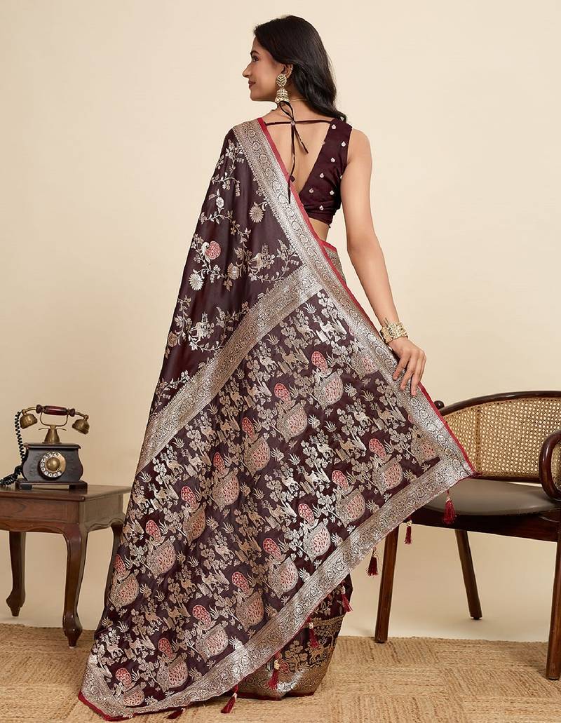 maroon embroidery with zari work sartin saree with blouse