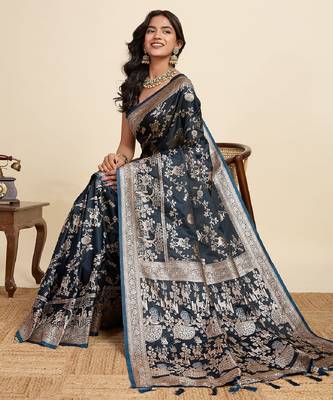 teal blue embroidery with zari work sartin saree with blouse 1