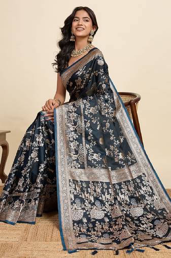 teal blue embroidery with zari work sartin saree with blouse