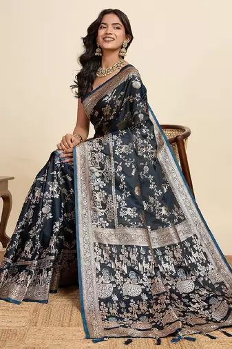 teal blue embroidery with zari work sartin saree with blouse
