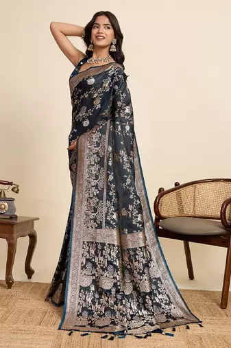 teal blue embroidery with zari work sartin saree with blouse