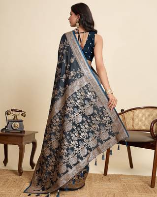 teal blue embroidery with zari work sartin saree with blouse 4