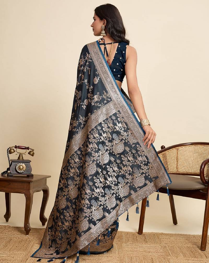 teal blue embroidery with zari work sartin saree with blouse