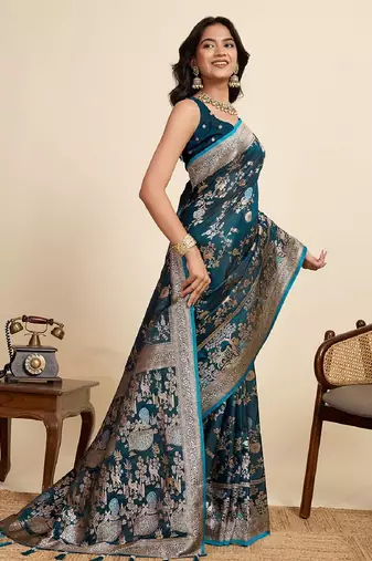 blue embroidery with zari work sartin saree with blouse