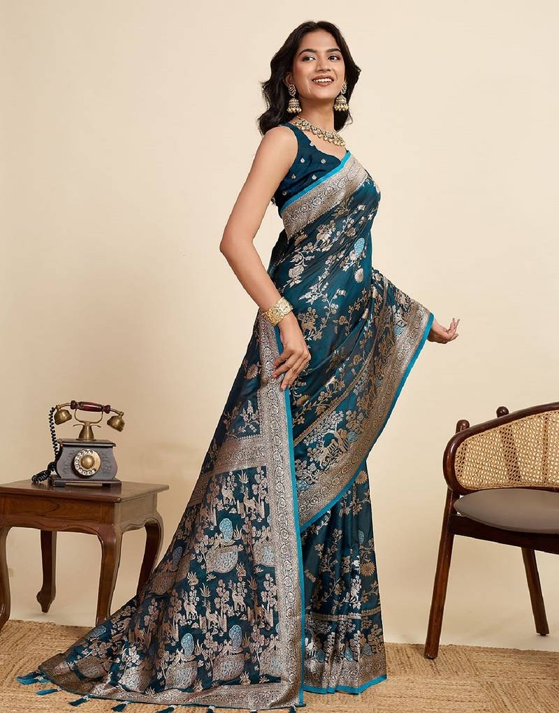 blue embroidery with zari work sartin saree with blouse