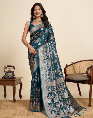 blue embroidery with zari work sartin saree with blouse 1
