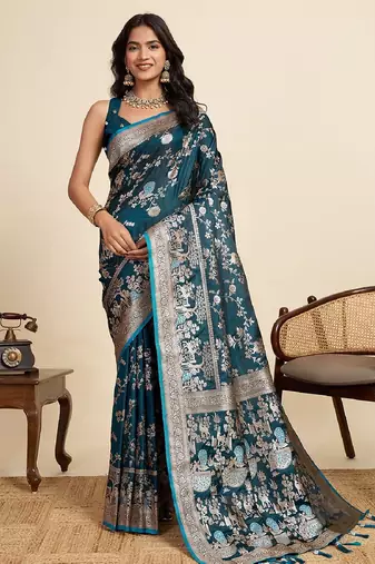 blue embroidery with zari work sartin saree with blouse