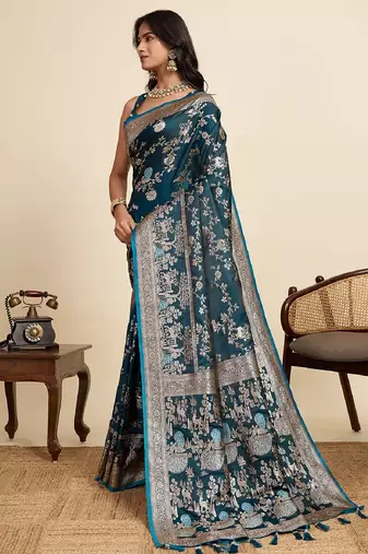 blue embroidery with zari work sartin saree with blouse