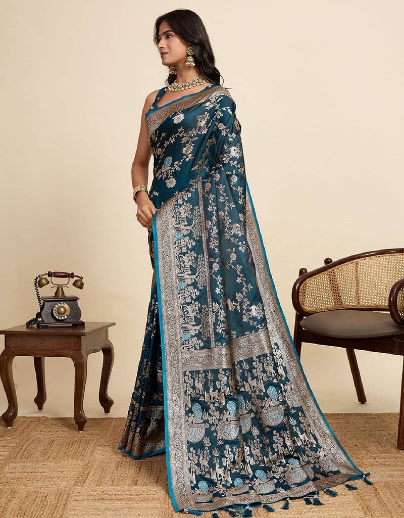 blue embroidery with zari work sartin saree with blouse