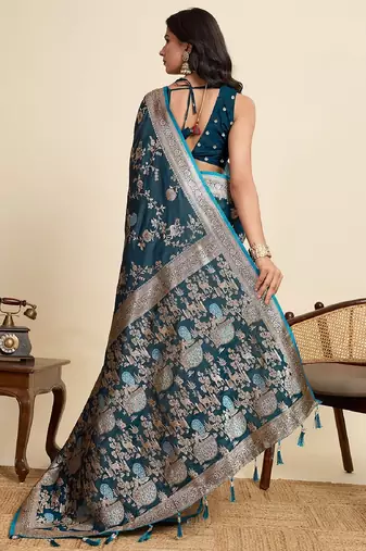 blue embroidery with zari work sartin saree with blouse