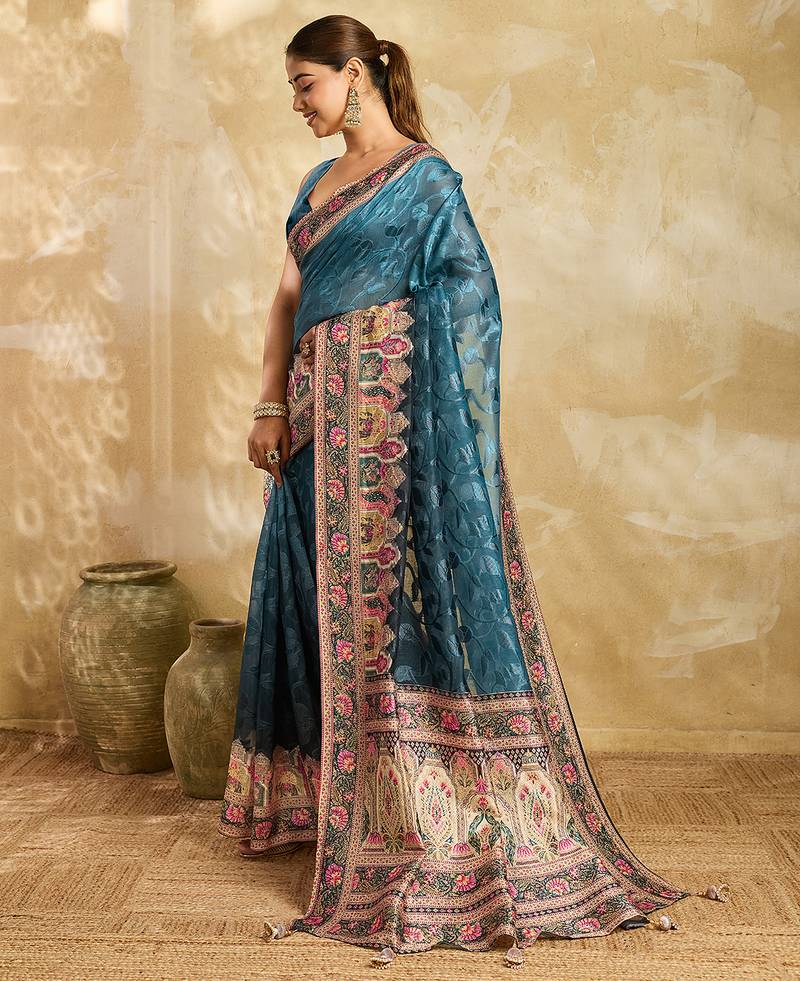 Navy blue color embroidery with zari work cotton silk saree with blouse