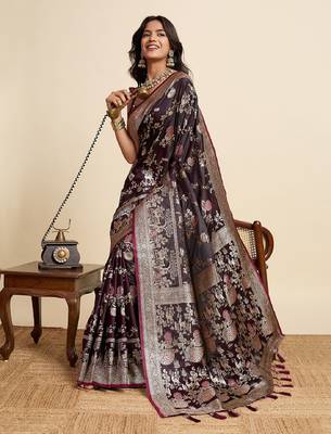 wine embroidery with zari work sartin saree with blouse 1