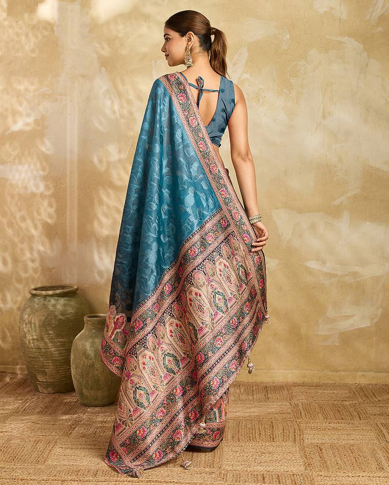Navy blue color embroidery with zari work cotton silk saree with blouse