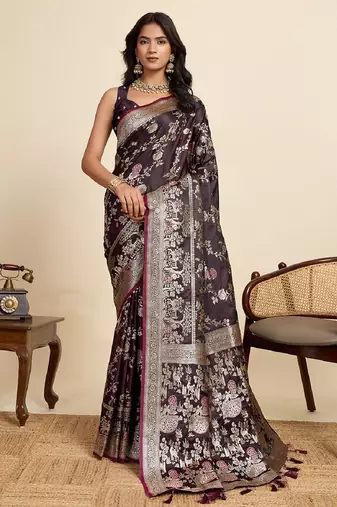 wine embroidery with zari work sartin saree with blouse