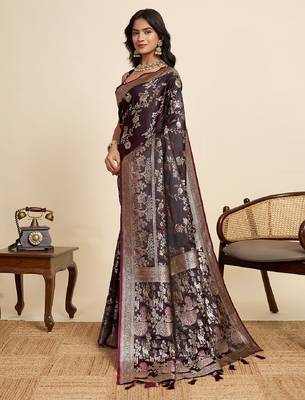 wine embroidery with zari work sartin saree with blouse 3