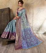 green zari work silk blend kanjivaram saree with blouse