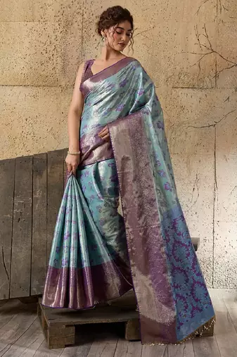 green zari work silk blend kanjivaram saree with blouse