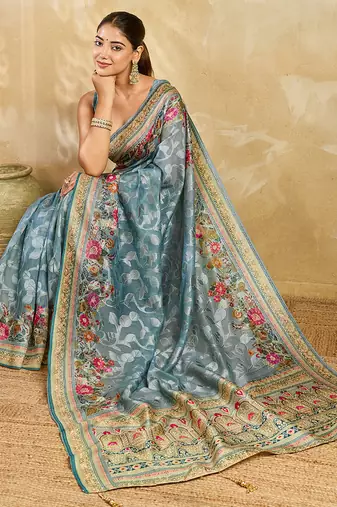 grey embroidery with zari work cotton silk saree with blouse