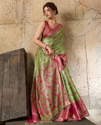 parrot green zari work silk blend kanjivaram saree with blouse 1