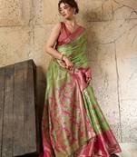 parrot green zari work silk blend kanjivaram saree with blouse