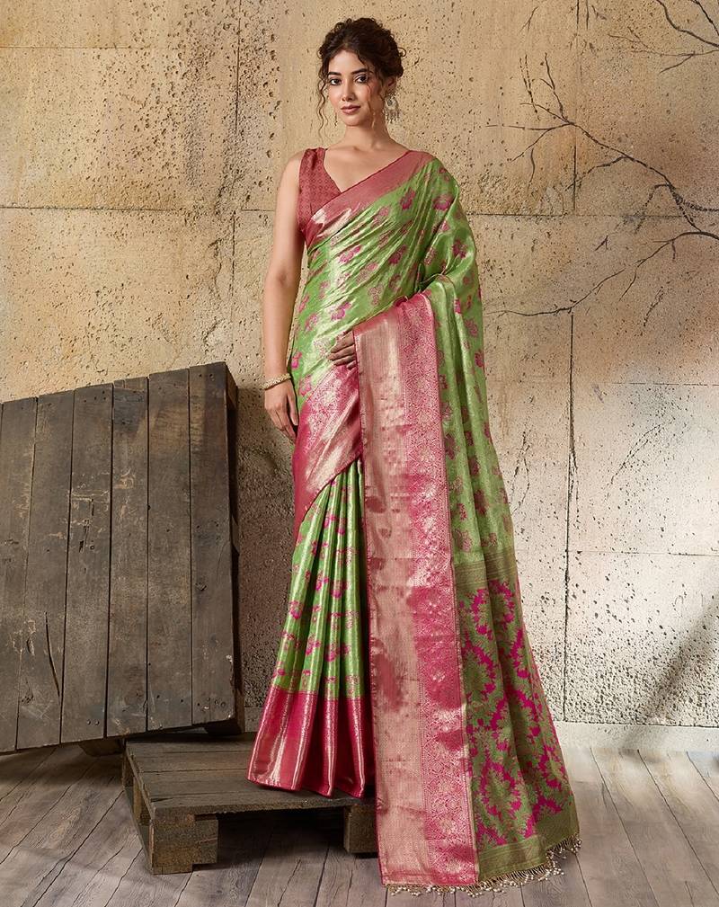 parrot green zari work silk blend kanjivaram saree with blouse