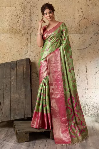 parrot green zari work silk blend kanjivaram saree with blouse