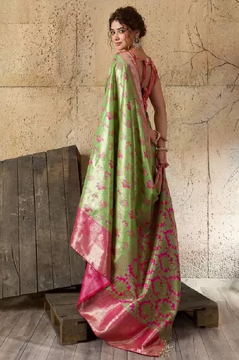 parrot green zari work silk blend kanjivaram saree with blouse