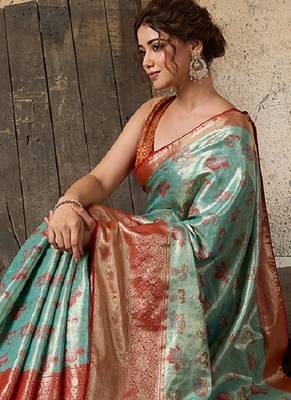 blue zari work silk blend kanjivaram saree with blouse 2