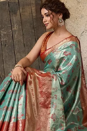 blue zari work silk blend kanjivaram saree with blouse