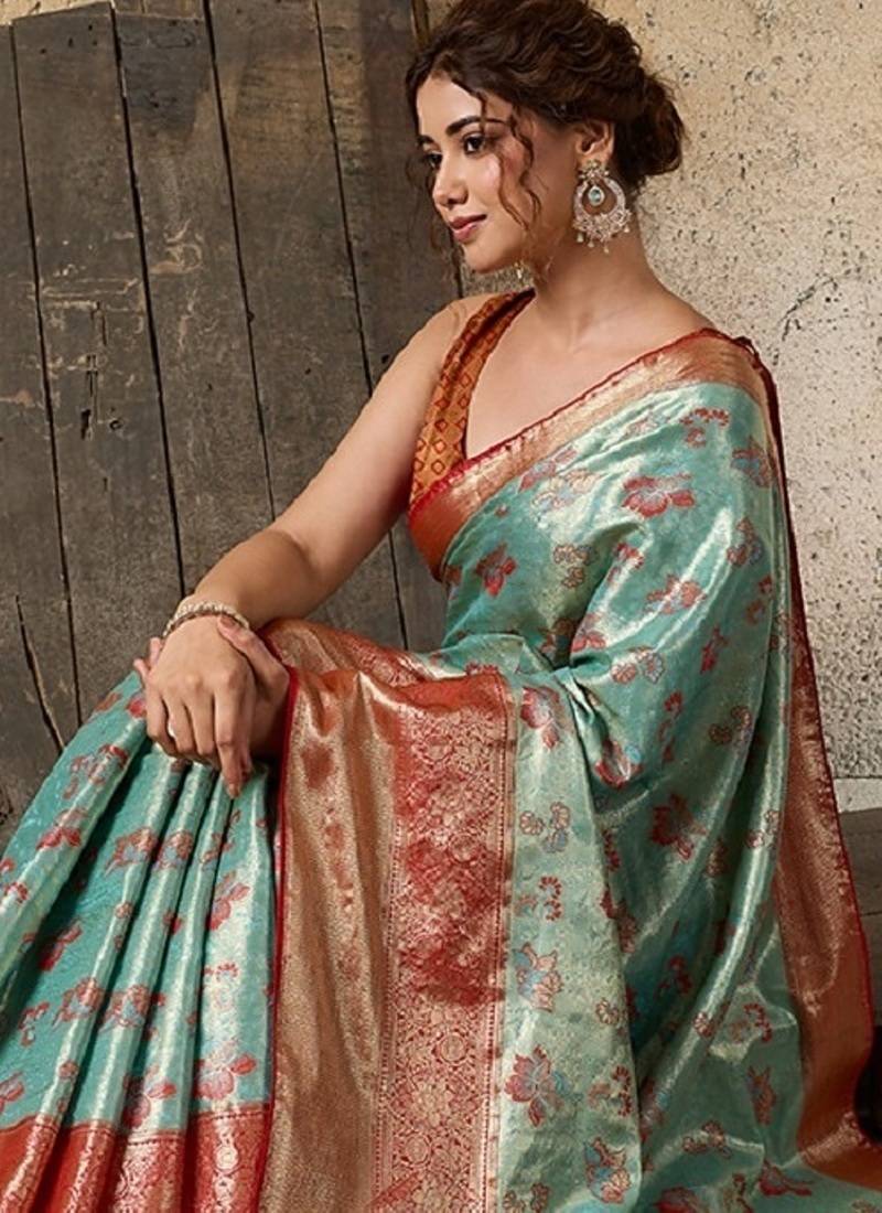 blue zari work silk blend kanjivaram saree with blouse
