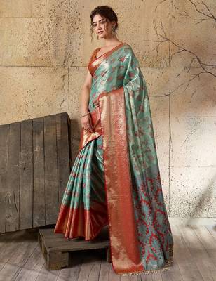 blue zari work silk blend kanjivaram saree with blouse 3