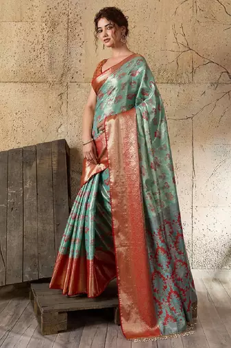 blue zari work silk blend kanjivaram saree with blouse
