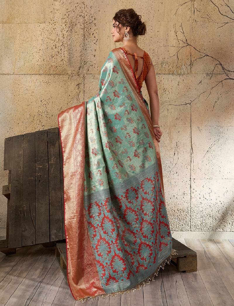 blue zari work silk blend kanjivaram saree with blouse