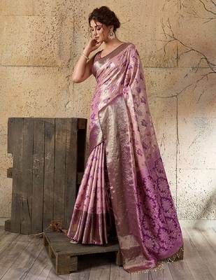 lavander zari work silk blend kanjivaram saree with blouse 3
