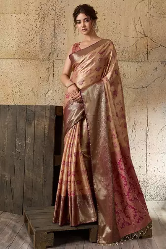 chikoo zari work silk blend kanjivaram saree with blouse