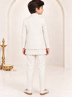 Boys off white cotton blend botanical embroidered sherwani & trouser set with waistcoat 2