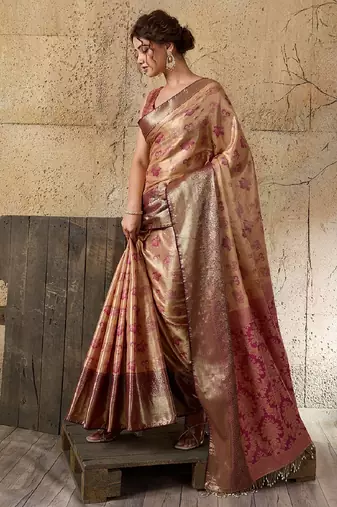 chikoo zari work silk blend kanjivaram saree with blouse