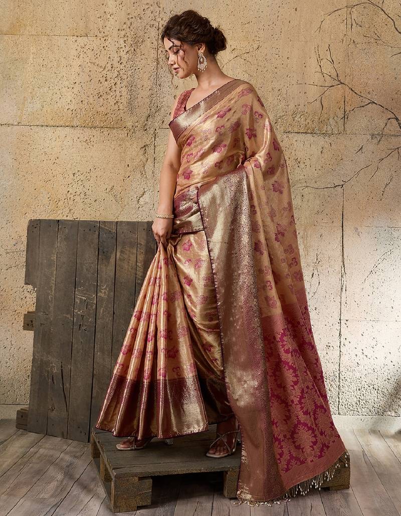 chikoo zari work silk blend kanjivaram saree with blouse