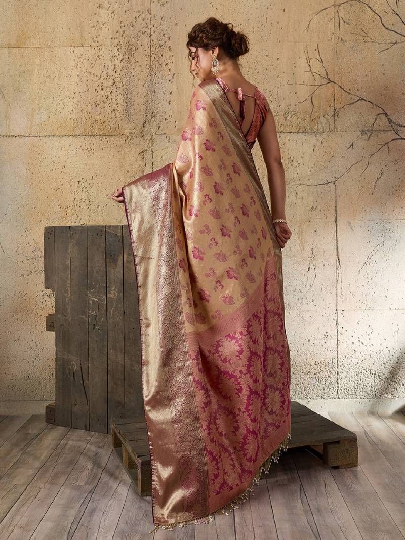 chikoo zari work silk blend kanjivaram saree with blouse