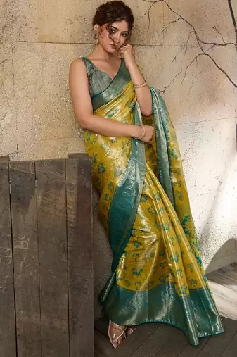 yellow zari work silk blend kanjivaram saree with blouse