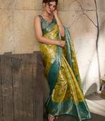 yellow zari work silk blend kanjivaram saree with blouse