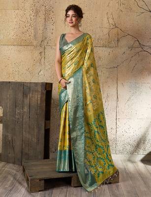 yellow zari work silk blend kanjivaram saree with blouse 2