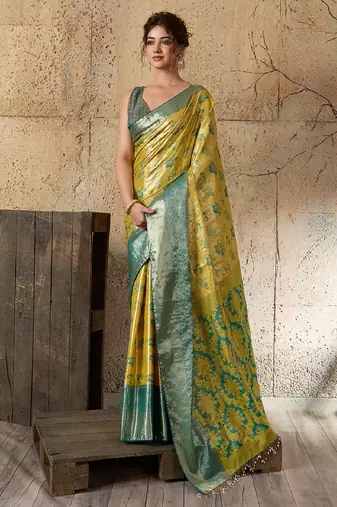 yellow zari work silk blend kanjivaram saree with blouse