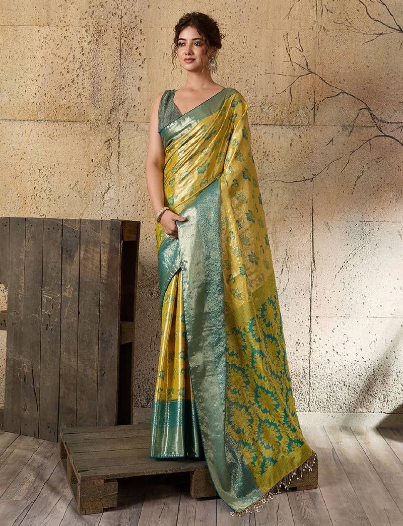 yellow zari work silk blend kanjivaram saree with blouse