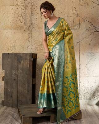 yellow zari work silk blend kanjivaram saree with blouse 3